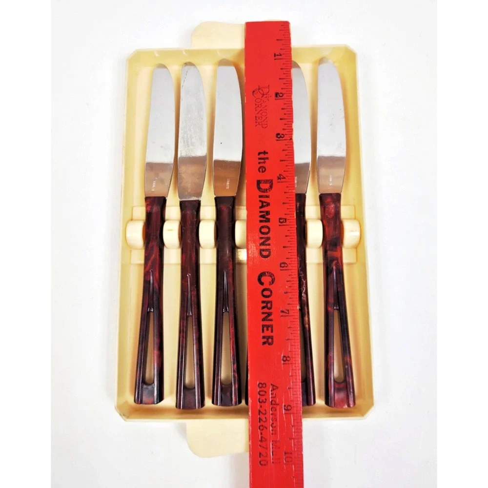 6 Vintage Matching Stanhome Stainless Steak Knife Set Serrated Edge Plastic Tray
